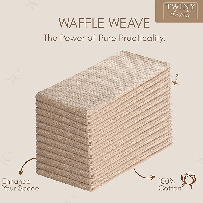 TWINY threads Waffle Kitchen Towel Pack of 4, 16x26 Inches, Premium 100% Cotton Kitchen Linen Set, Absorbent Dish Cloths for Cleaning and Drying, Machine Washable, Durable, Quick Dry, Beige