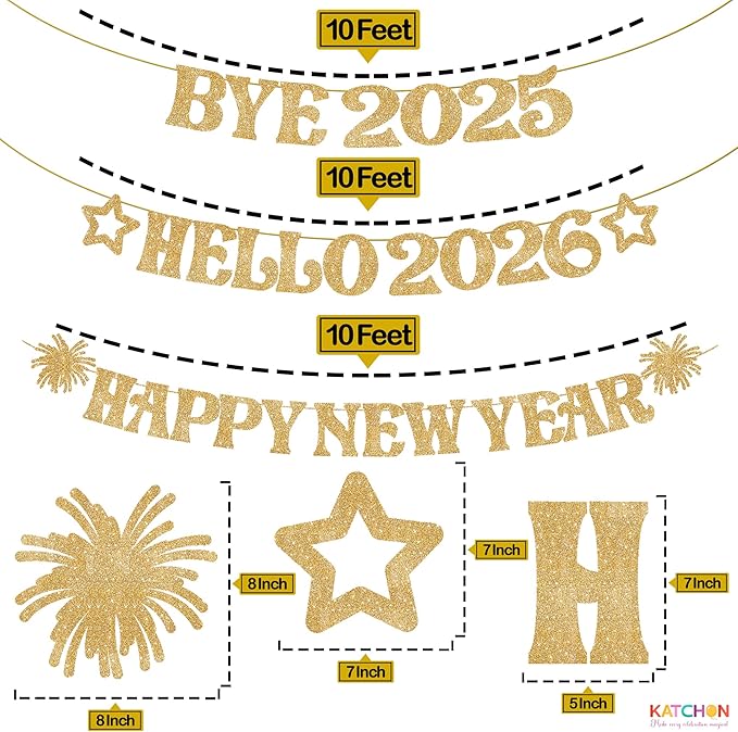 KatchOn, Glitter Gold Happy New Year Banner - 10 Feet, Bye 2025 Hello 2026 Banner | Happy New Years Decorations, Happy New Year 2026 Sign | New Years Eve Party Supplies 2026 | Nye Decorations 2026
