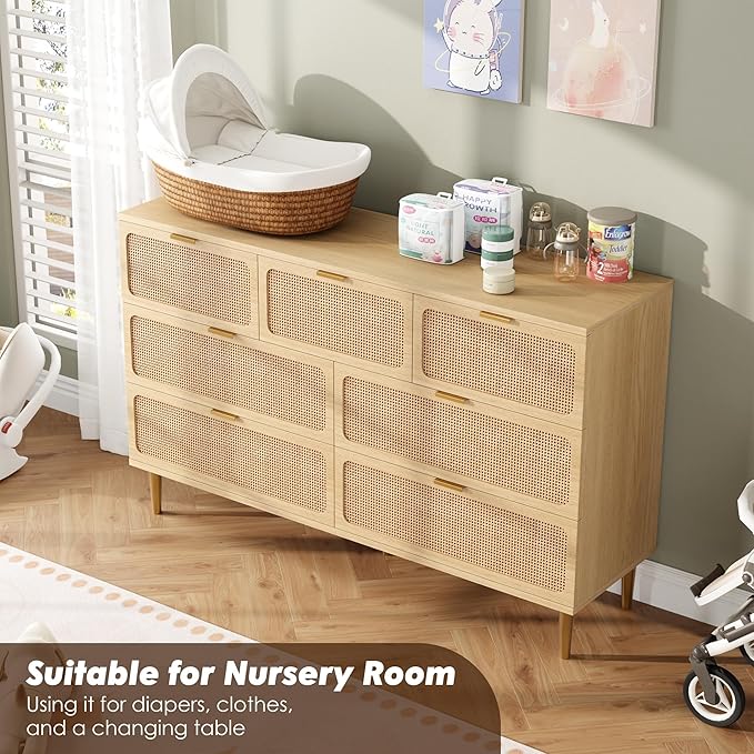 Garvee Rattan Dresser with 7 Drawers, Tall Modern Closet with Deep Storage, Large Chest of Drawers with Wide Top, Long Wooden Dresser for Bedroom, Living Room, Hallway, Kids Room, Natural