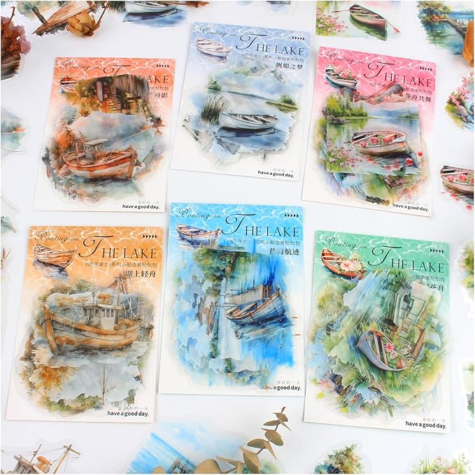 Dwpetzo Vintage Lake Boat Scenery Scrapbook Stickers Set, 120 Pieces Decorative Transparent PET Stickers for Journaling, Junk Journal Supplies, Collage, Scrap Book, Bujo