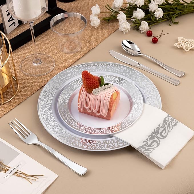 700PCS Silver Plastic Dinnerware Set for 100 Guests, Disposable Plates for Party, Include 100 Dinner Plates, 100 Dessert Plates, 100 Set Silver Silverware, 100 Cups, 100 Napkins