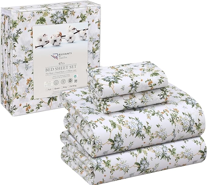 RUVANTI 100% Cotton California King Sheet Sets, 4 Pieces, Soft & Breathable Percale Weave Bedding, Deep Pocket 14", Hotel Standard, Crisp Cool Feel & Durable, Perfect Floral Sheets, Heritage
