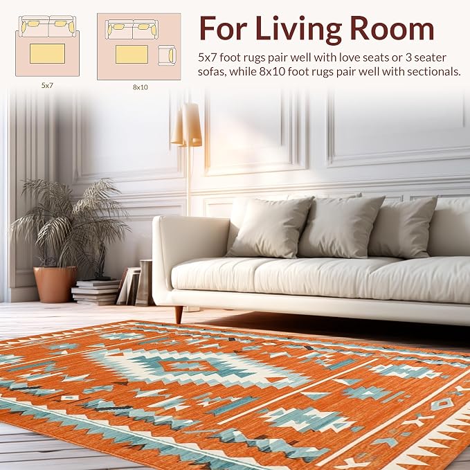 Flatwoven High Traffic Area Rug 4x6, Sunset Canyon Burnt Orange Tribal Diamond Rug, Non Slip, Stain Resistant, Washable Area Rugs for Living Room, Bedroom (Orange, 4x6)