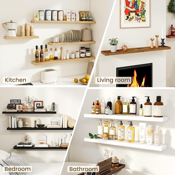 Dreamland 72Inch Floating Shelves for Wall, Rustic Wooden White Floating Shelves for Living Room, Kitchen, Farmhouse, Deep Wall Mounted Book Shelf, Wood Storage Display Shelf for Home Decor, Set of 2