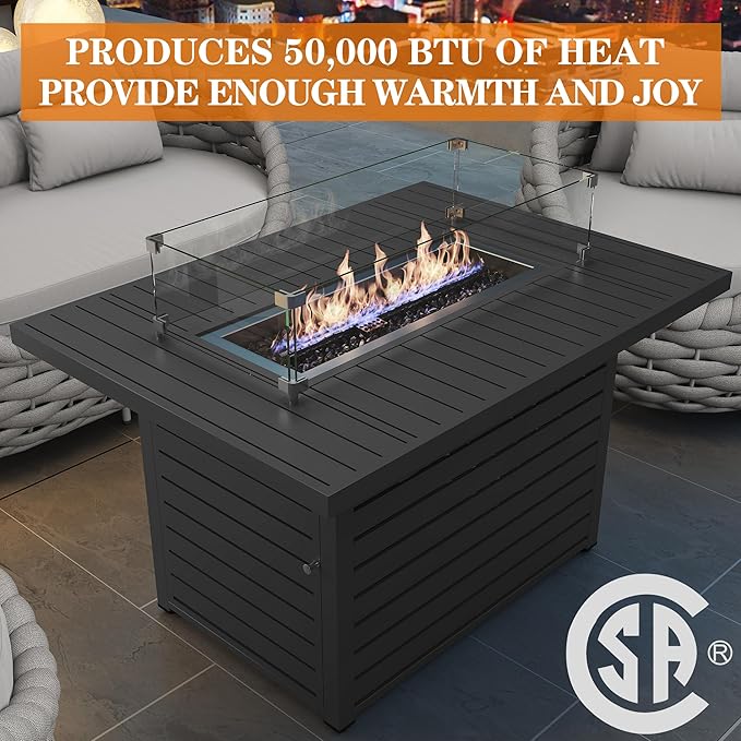 TWT 43.3 inch Outdoor Propane Fire Pit 2 in 1 Firepit Table Gas Fire Pit Table with Lid, Glass Wind Guard Rectangle Gas Firepit Table for Garden/Patio, CSA Certification (Dark Grey)