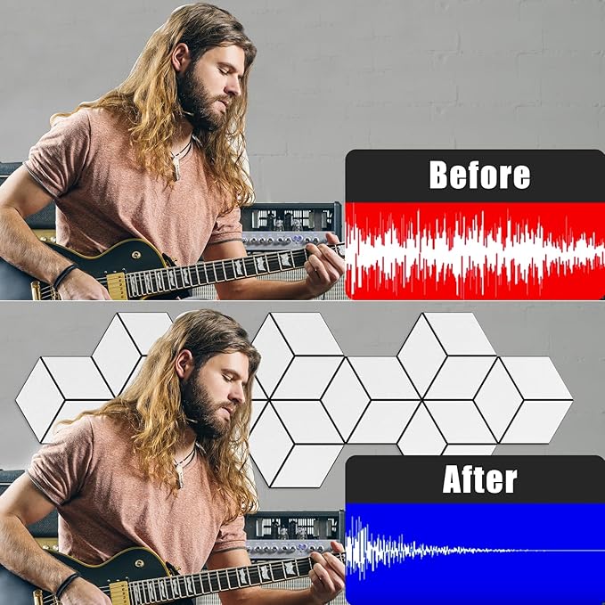 22-Pack Self-Adhesive Acoustic Panels, 12" x 10" x 0.4" – High-Density, Flame-Resistant Soundproof Foam. Absorbs Noise and Eliminates Echoes, Hexagonal 3D Design (White Face)