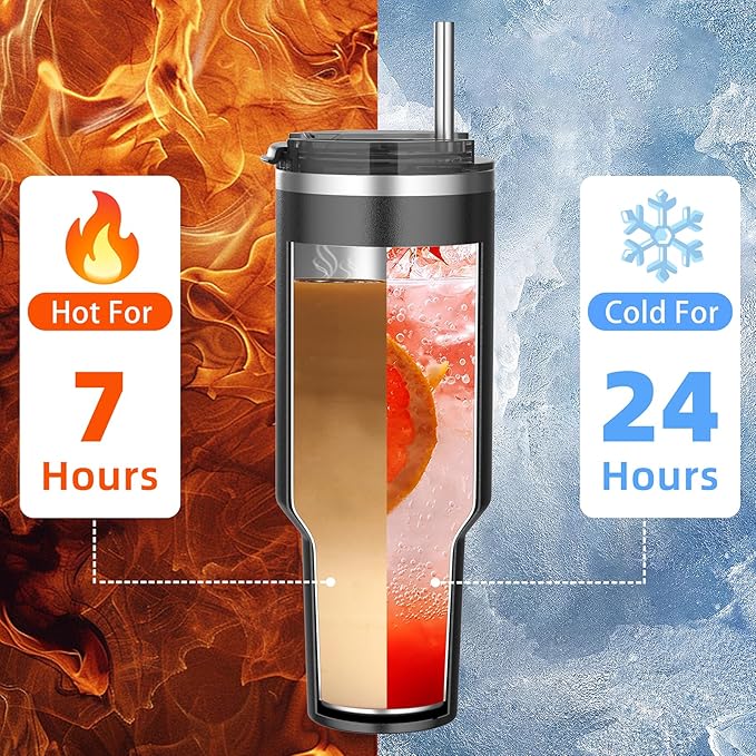 40 oz tumbler with handle and straw,Double Wall Vacuum Reusable Stainless Steel Insulated Water Bottle,With Leak Proof lid and Straw for Iced or Cold Beverages (Black)