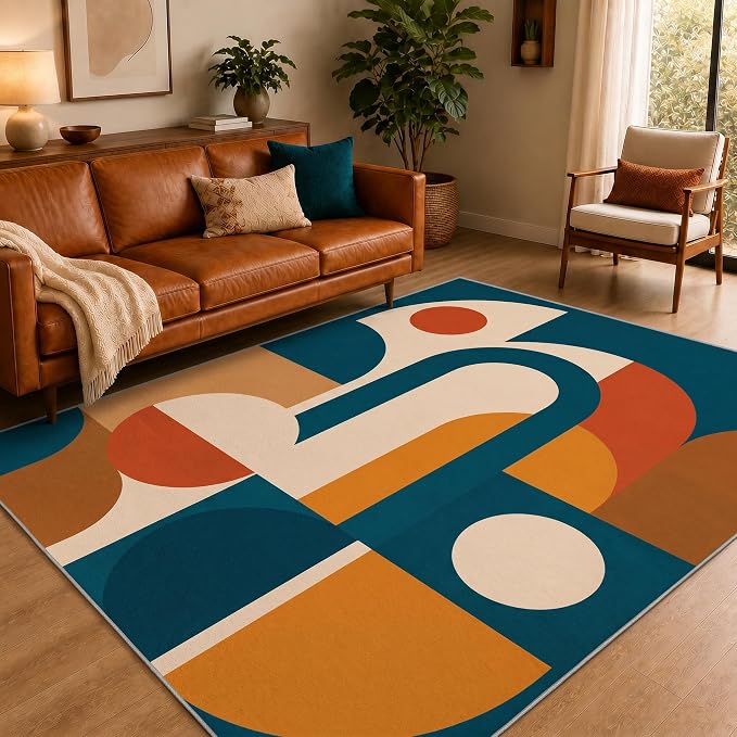 Mid Century Area Rug 6x8, Home Decor | Deep Teal Terracotta Arch Blocks, Retro Geometric Rug for Living Room, Bedroom, Home Office, Non Slip, Washable, Low Pile
