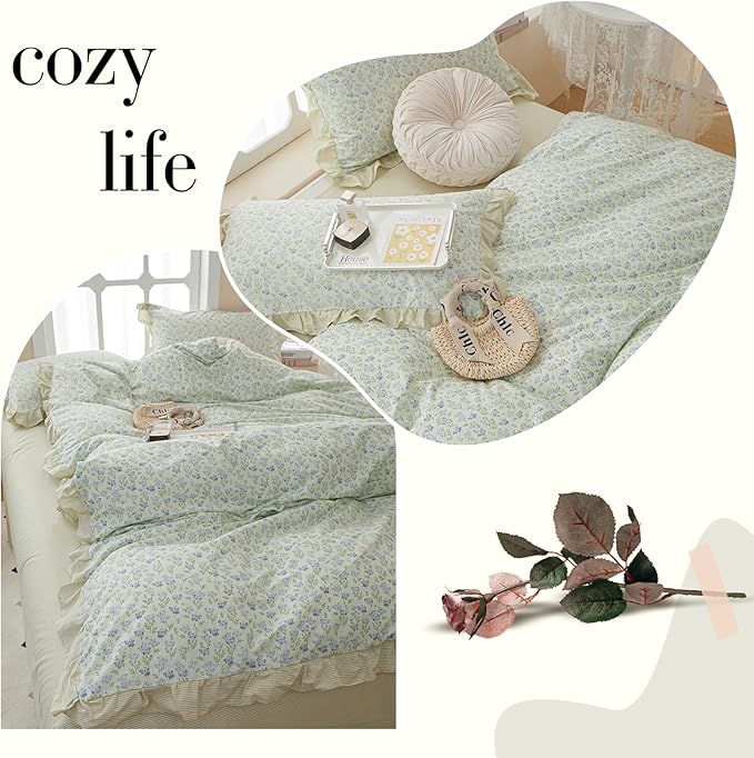 LifeTB Vintage Garden Floral Ruffled Comforter Set King Fluffy Soft Microfiber Chic Blue Floral Bedding Set Cottagecore Flowers Pattern Botanical Comforter Set with 2 Pillowcases for All-Season
