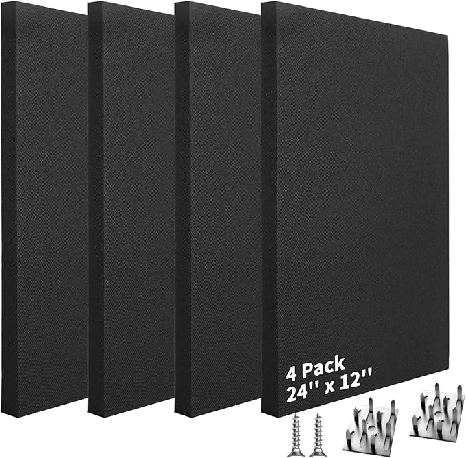 Art3dwallpanels 4 PCS Acoustic Panels, 24''x12'' Fabric Soundproof Wall Panels, Easy-Hook Mounting Sound Absorbing Panels for Studios, Office, Home Theater, Black