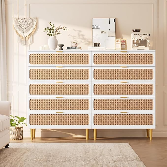 Garvee Rattan Dresser with 5 Drawers, Tall Modern Closet with Deep Storage, Large Chest of Drawers with Wide Top, Long Wooden Dresser for Bedroom, Living Room, Hallway, Kids Room, White