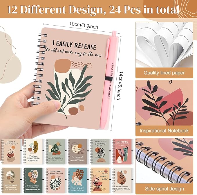 Kosiz 48 Pcs/24 Set Positive Affirmation Gifts Gratitude Spiral Notebooks with Pens Motivational Encouragement Notepads Daily Affirmations Journal for Women Valentine Galentine Gifts (Plant)