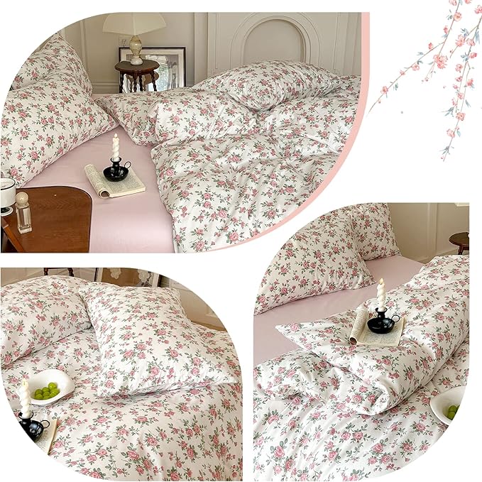 Girls Floral Duvet Cover Twin Pink White Floral Bedding Set Vintage Rose Flower Printed Duvet Cover Cotton Floral Comforter Cover Botanical Aesthetic Bedding Set 1 Twin Duvet Cover with 2 Pillowcases