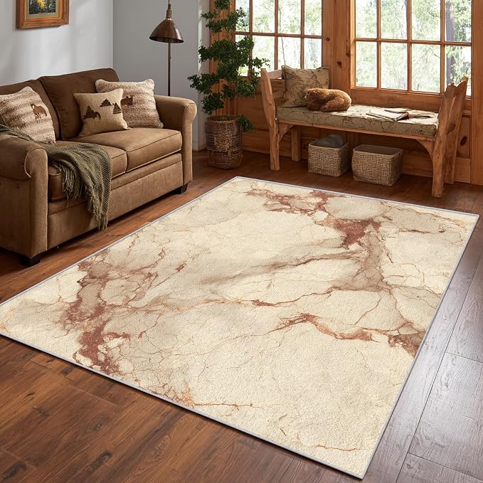 Beige Marble Abstract Area Rug, Vintage Stone Pattern Carpet, Washable Non Slip Low Pile Soft Thin, Living Room Bedroom Home Decor Mat 5x6ft