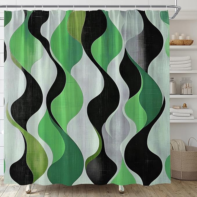 Mid Century Shower Curtain Boho Minimalist Modern Abstract Aesthetic Geometric Striped Atomic Retro Earthy Fabric Bathroom Decor Set with Hooks(78" Wx70 H)
