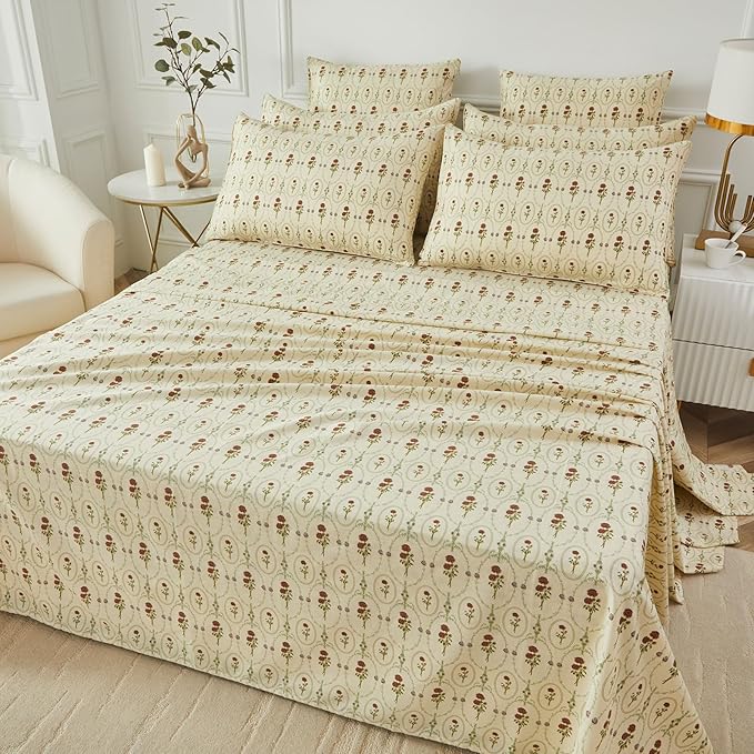 FADFAY Queen Size 100% Cotton Beige Bed Sheets Set Elegant Red Rose Floral Pattern, Soft and Luxurious Shabby Vintage French Country Bedding, 4 Pieces Deep Pocket Fitted Sheet