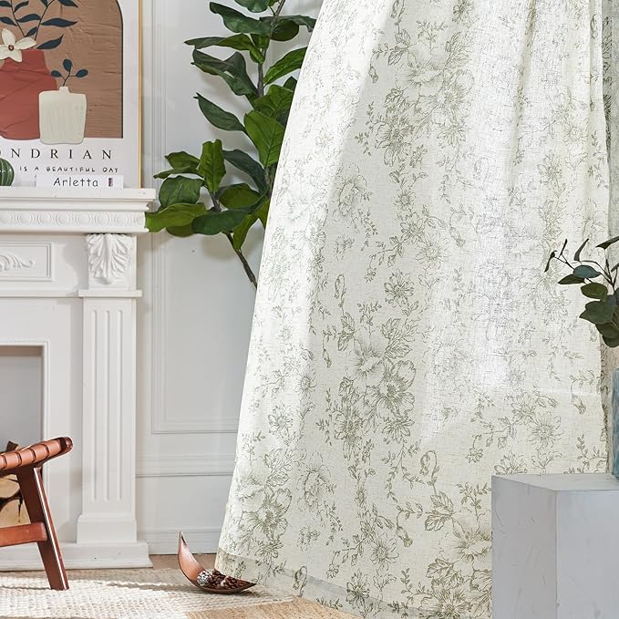 jinachan Linen Floral Curtains 100 Inch Extra Wide for Patio Sliding Glass Door Room Divider Curtain for Living Room 90 Inch Length Farmhouse Peony Christmas Green Printed Curtain Set 1 Panel