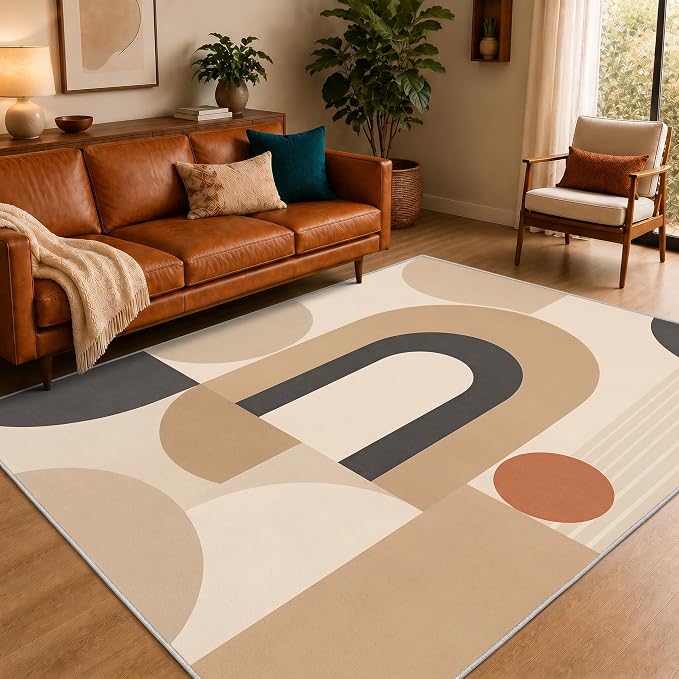 Mid Century Area Rug 2x3, Home Decor | Neutral Cream Black Geo Arc, Abstract Geometric Rug for Living Room, Bedroom, Home Office, Non Slip, Washable, Low Pile