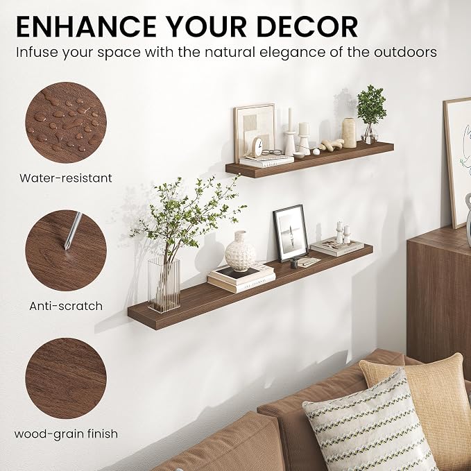 Heimlove 24 Inch Floating Shelves for Wall,Mounted Storage Wood Shelves with Invisible Brackets Hanging Shelf for Bedroom,Living Room,Kitchen,Office,Set of 2,Walnut Color