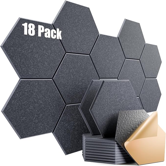 18 Pack Self-Adhesive Acoustic Panels 12" X 10" X 0.4" - Sound Proof Foam Panels for Wall with High Density, Hexagon Design, Flame Resistant, Absorb Noise and Eliminate Echoes(Dark Gray)
