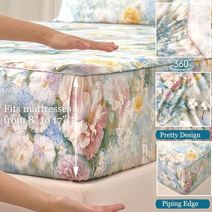 Zusbest Queen Sheet Set Luxury Floral Bed Sheets 100% Cotton, Satin Weave Soft Breathable for Hot Sleepers Romantic Peony Flowery Printed Cottagecore Bedding Deep Pocket Fitted Sheet 17.5‘', 4Pcs