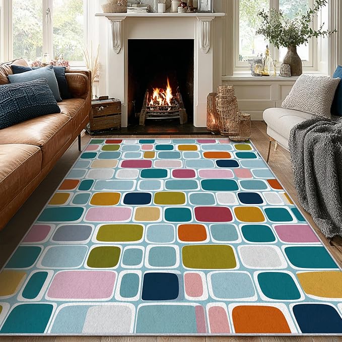 Mid Century Modern Rugs 7x9, Geometric Retro Washable 7 x 9 Area Rug for Living Room, Bedroom, Low Pile Non Slip Stain Resistant Carpet, Mid Century Home Decor Accessories & M913