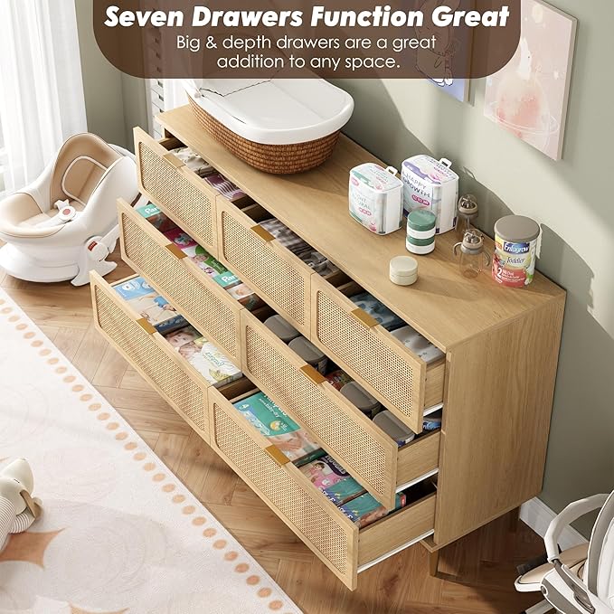 Garvee Rattan Dresser with 7 Drawers, Tall Modern Closet with Deep Storage, Large Chest of Drawers with Wide Top, Long Wooden Dresser for Bedroom, Living Room, Hallway, Kids Room, Natural