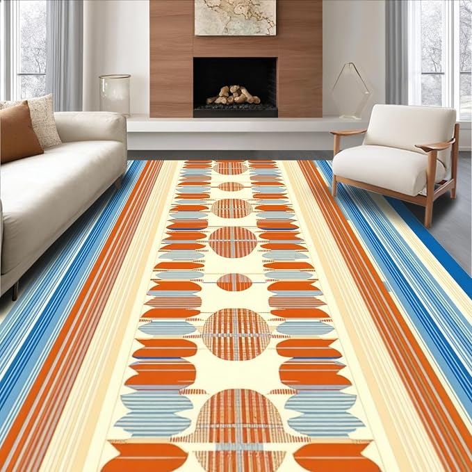 Flatwoven High Traffic Area Rug 8x10, Geometric Sky & Terracotta Art Deco Style, Non Slip, Stain Resistant, Washable Area Rugs for Living Room, Bedroom (Blue, 8x10)