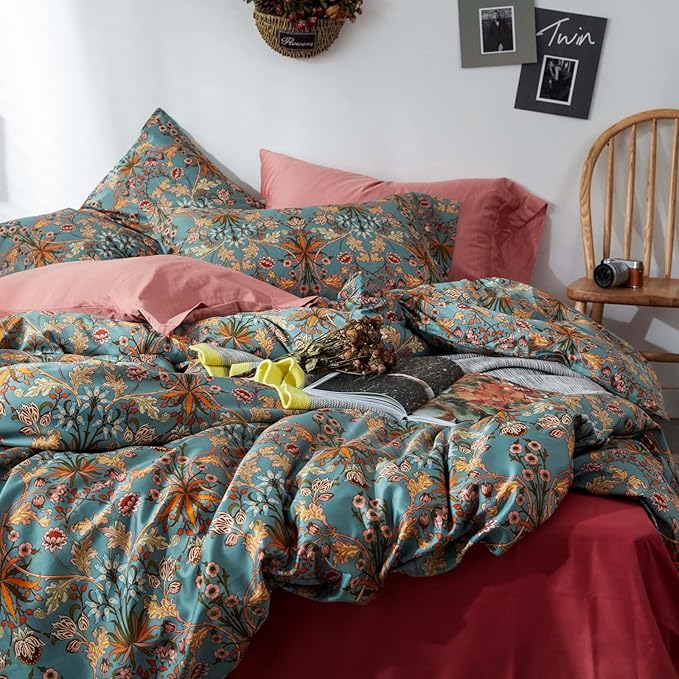 mixinni 3 Pieces Flower Duvet Cover Set 100% Natural Cotton Full Size Bedding Cover with Zipper&Ties, 1 Duvet Cover and 2 Pillowcases, Easy Care, Soft and Durable-Full Size