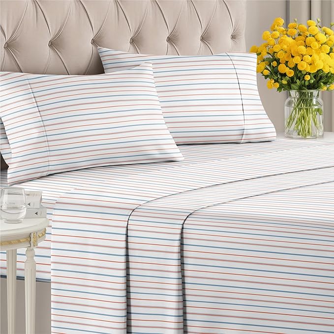 Striped Sheets - Red & Blue Striped Sheets - 1 Flat & 1 Fitted & 2 Pillowcases w/ Deep Pockets – Wrinkle & Fade Free - Ultra-Soft, Breathable & Cooling – Luxury Pinstripe Bedding - Queen Size Bed Set