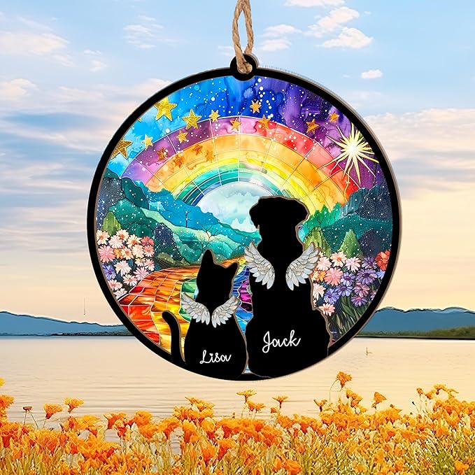Personalized Pet Memorial Suncatcher – Custom Dog & Cat Rainbow Bridge Suncatcher with Name & Breed, Pet Loss Sympathy Gift, Memorial Keepsake for Dog & Cat Lovers (Up to 3 Pets)