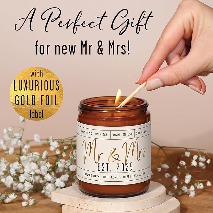 Wedding Gifts for Couples 2025, Bridal Shower Gifts from Bride - 'Mr & Mrs Est. 2025 Candle, w/Champagne on Ice I Wedding Shower for Newlyweds I 50Hr Burn, USA Made