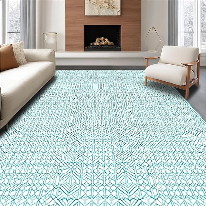 Flatwoven High Traffic Area Rug 5x7, Geometric Diamond Trellis, Non Slip, Stain Resistant, Washable Area Rugs for Living Room, Bedroom (Teal, 5x7)
