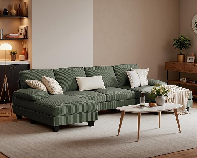 Furniwell Convertible Sectional Sofa Couch, 4 Seat Sofa Set for Living Room U-Shaped Modern Fabric Modular Sofa Sleeper with Double Chaise & Memory Foam (Corduroy, Deep Green)