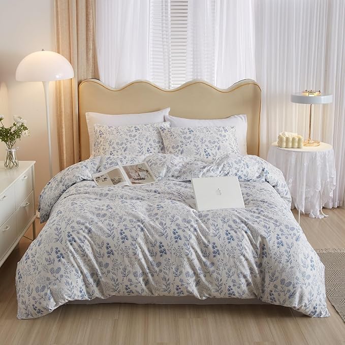 Queen Comforter Set White Blue Floral Bedding Comforter Set Queen Vintage Style Garden Floral Comforter Set for Girls Botanical Flower Comforter Set for All Seasons 1 Boho Comforter with 2 Pillowcases
