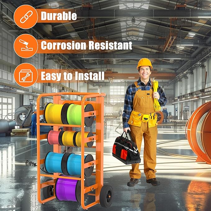 Tredre Orange Wire Spool Rack with Wheels, Heavy Duty Cable Holder with 11 Rods – Mobile Multi-Spool Wire Rack Dispenser with Wheels and Storage Box for Efficient Workplace Cable Management