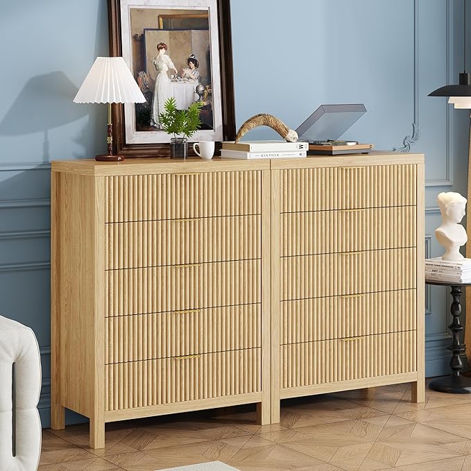 JZXSHD 43" 5 Tall Drawer Dresser Organizer TV Drawer Cabinet Modern Wood Storage Cabinet, Modern Wood Storage Cabinet for Bedroom, Hallway, Entryway, Natural Oak