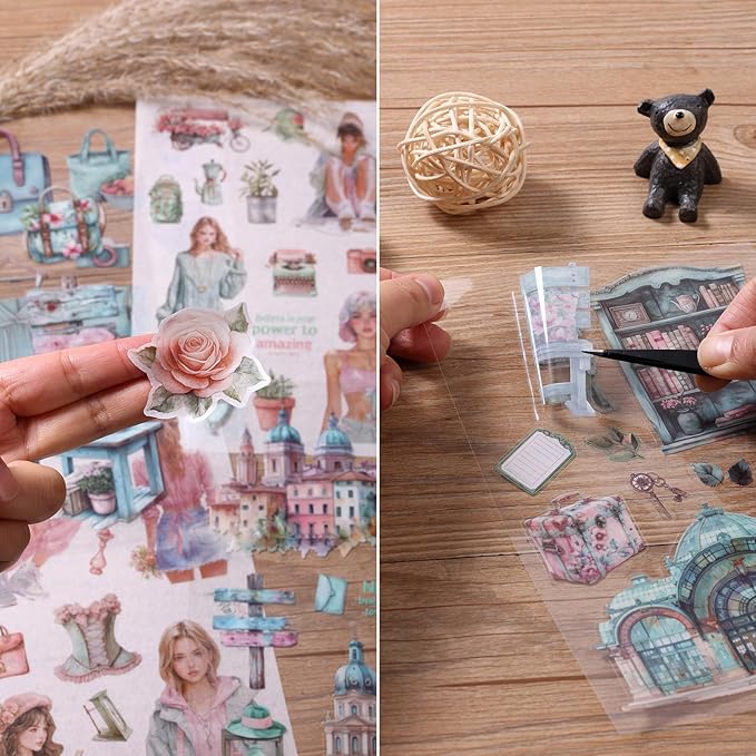 Auguro Scrapbooking Stickers 20 Sheets Pre-Cut 200 washi Stickers PET People Sticker Books for journaling Scrapbook Supplies Transparent Journal Sticker