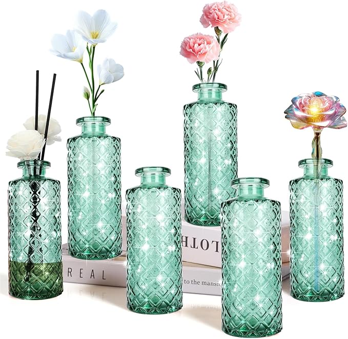 Glass Flower Vase, Green, Small Vase, Aromatherapy Bottle, 6 Sets, Simple Solid, for Birthday, Wedding, Thanksgiving, Home Decoration