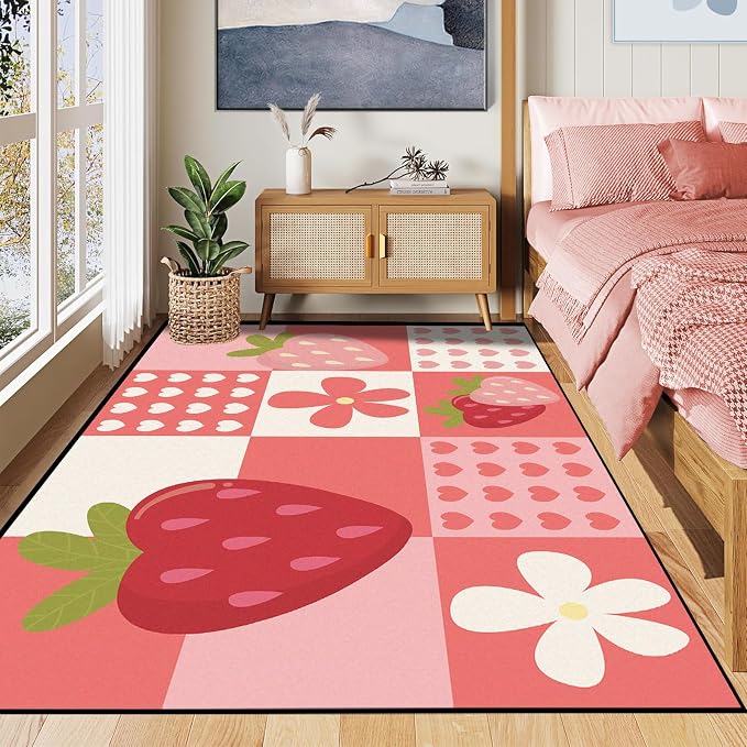 Strawberry Checkered Rug Cute Red Area Rug Love Flower Washable Carpet for Bedroom Living Room Nursery Kitchen Playroom Home Decor Soft Non Slip Floor Mat，4'x6'