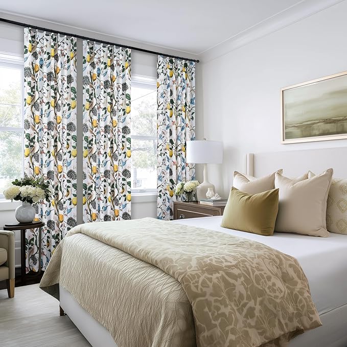 Curtains for Bedroom,Blue and White Hummingbird Floral Patterned Curtains 96 Inch Length for Living Room，Vintage Luxury Whimsical Floral Lemon Leaf Pinch Pleated Drapes，2 Panels