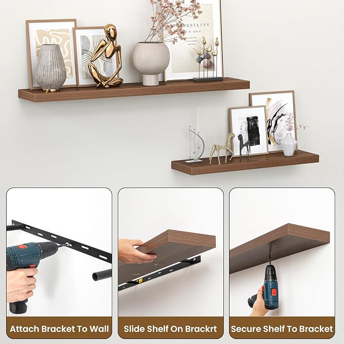 Heimlove 36 Inch Floating Shelves for Wall,Mounted Storage & Display Wood Shelves with Invisible Brackets,Hanging Shelf for Bedroom Living Room Kitchen Office,Set of 2,Walnut Color