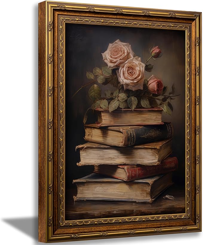 Vintage Gold Framed Retro Floral Books Wall Art Flowers Book Wall Decor Rose and Books Painting Pictures Retro Literary Pictures Artwork for study Gallery Living Room Bedroom 12X16in