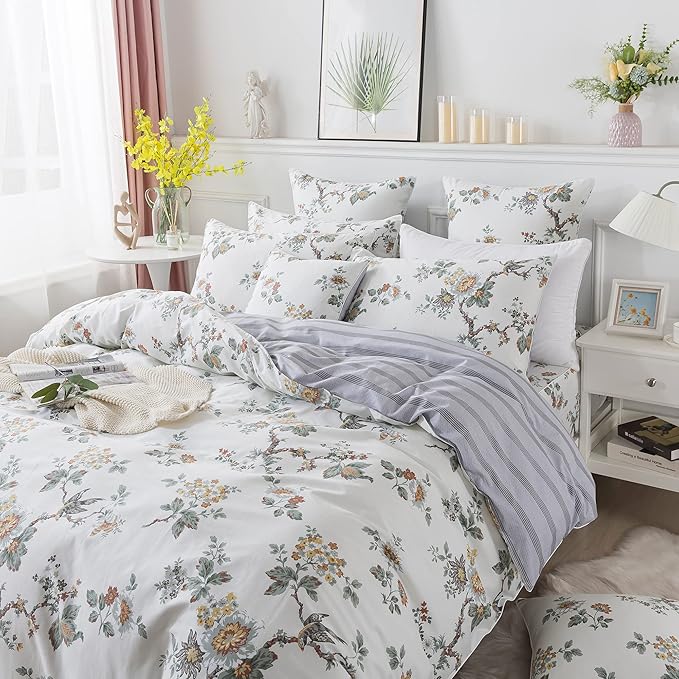 FADFAY Duvet Cover Set Twin Elegant Floral Bedding Shabby Beige Bird Print Flower Quilt Cover Set Vintage Farmhouse Bedding 100% Cotton Soft Comforter Cover Set with Zipper Closure 3Pcs, Twin Size