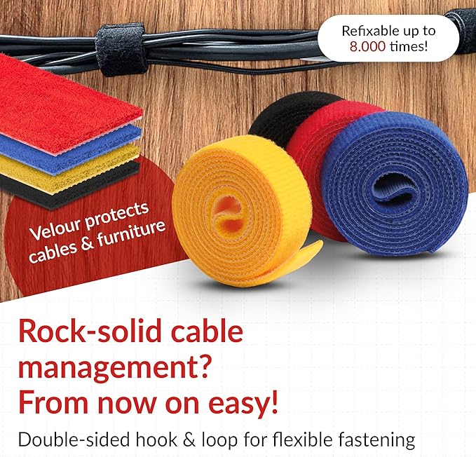 Label-the-cable Cable Management Ties Tape, Adjustable, Re-Useable/Cable Tidy/Hook and Loop Cord Organizer, Wire Management/LTC Rolls, 4 PCS, 1m x 16mm, Black, Blue, Yellow and Red, LTC 1230