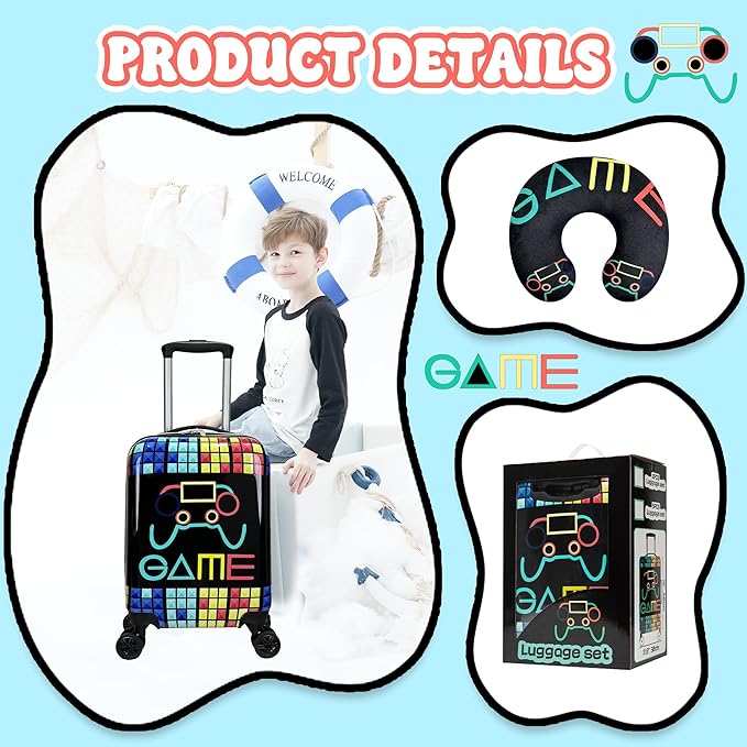 Kids Suitcase Set for Boys Hardside Luggage with Spinner Wheels 2 Piece 16inch Toddler Suitcase for Boys Travel Carry on Luggage Airline Approved