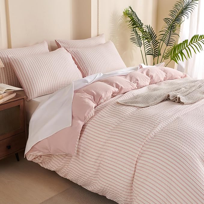 Striped Duvet Cover Set Queen Pink Washed Microfiber Jacquard 3 Pieces Bedding Set, White Pink Vertical Ticking Stripes Pattern Comforter Cover with Zipper Closure Breathable Durable Soft Comfy