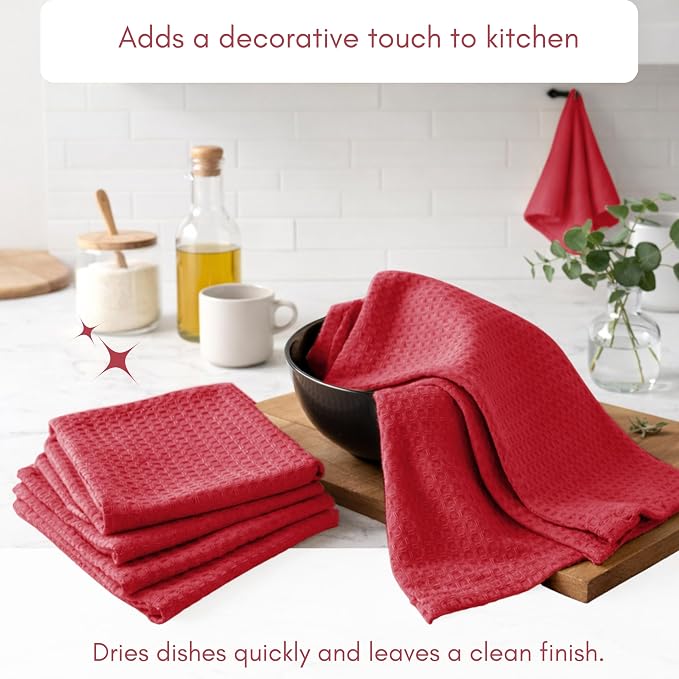 TWINY threads Kitchen Towel Waffle Weave, 6 Pack, 16x26 Inches, Premium Cotton Wash Rags, Absorbent Quick Drying Linen for Home and Restaurant Kitchens, Reusable Dish Cloths for Drying Dishes, Red