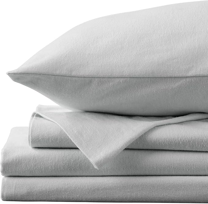Market & Place 100% Cotton Queen Flannel Sheet Set | 4 Piece Deep Pocket Solid Cozy Winter Bed Sheets | Double Brushed for Extra Softness & Comfort | Chalet Collection (Queen, Light Grey)