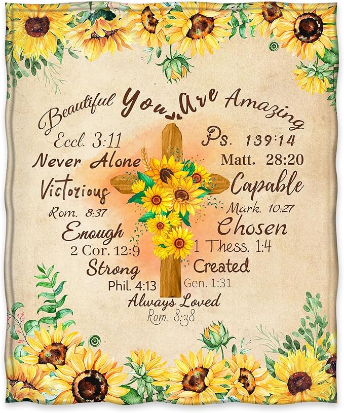 Jekeno Christian Sunflower Blanket Inspirational Spiritual Religious Faith Gifts for Women Men Kids Girls Female Friends Birthday Christmas Halloween Presents Flower Floral Decor Plush Throw 50"x60"